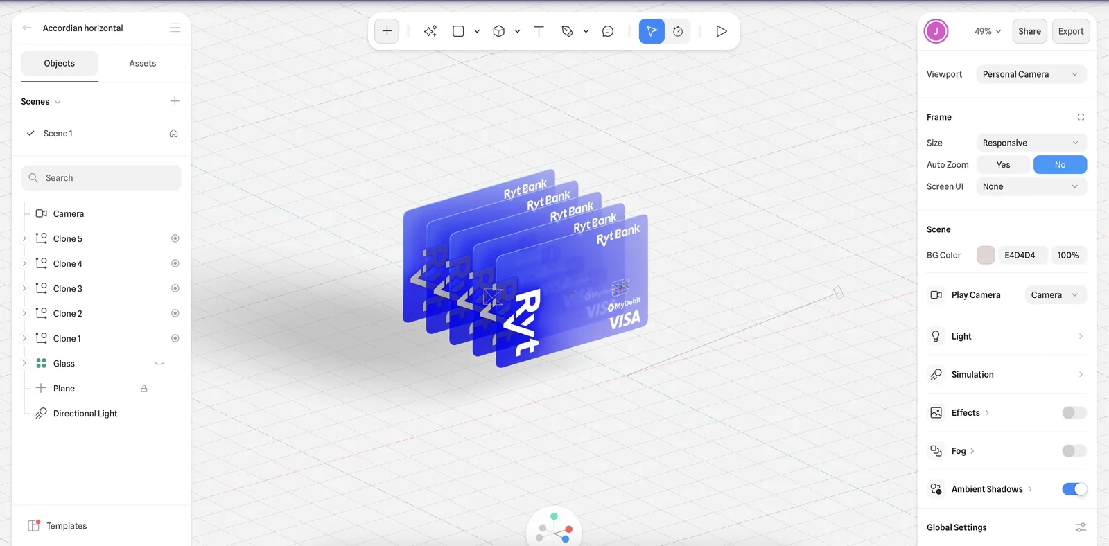 Spline editor with the Cascading Cards scene and its camera