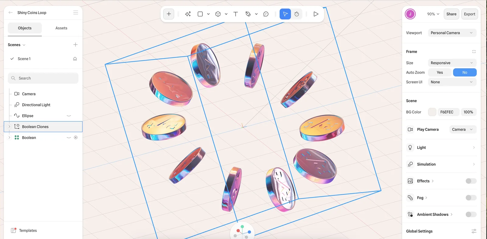 Spline editor with the Ryt Coins scene and its clone settings