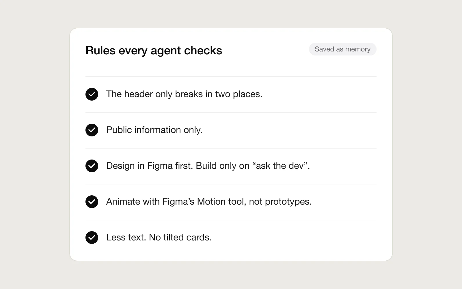 A checklist titled “Rules every agent checks”, saved as memory