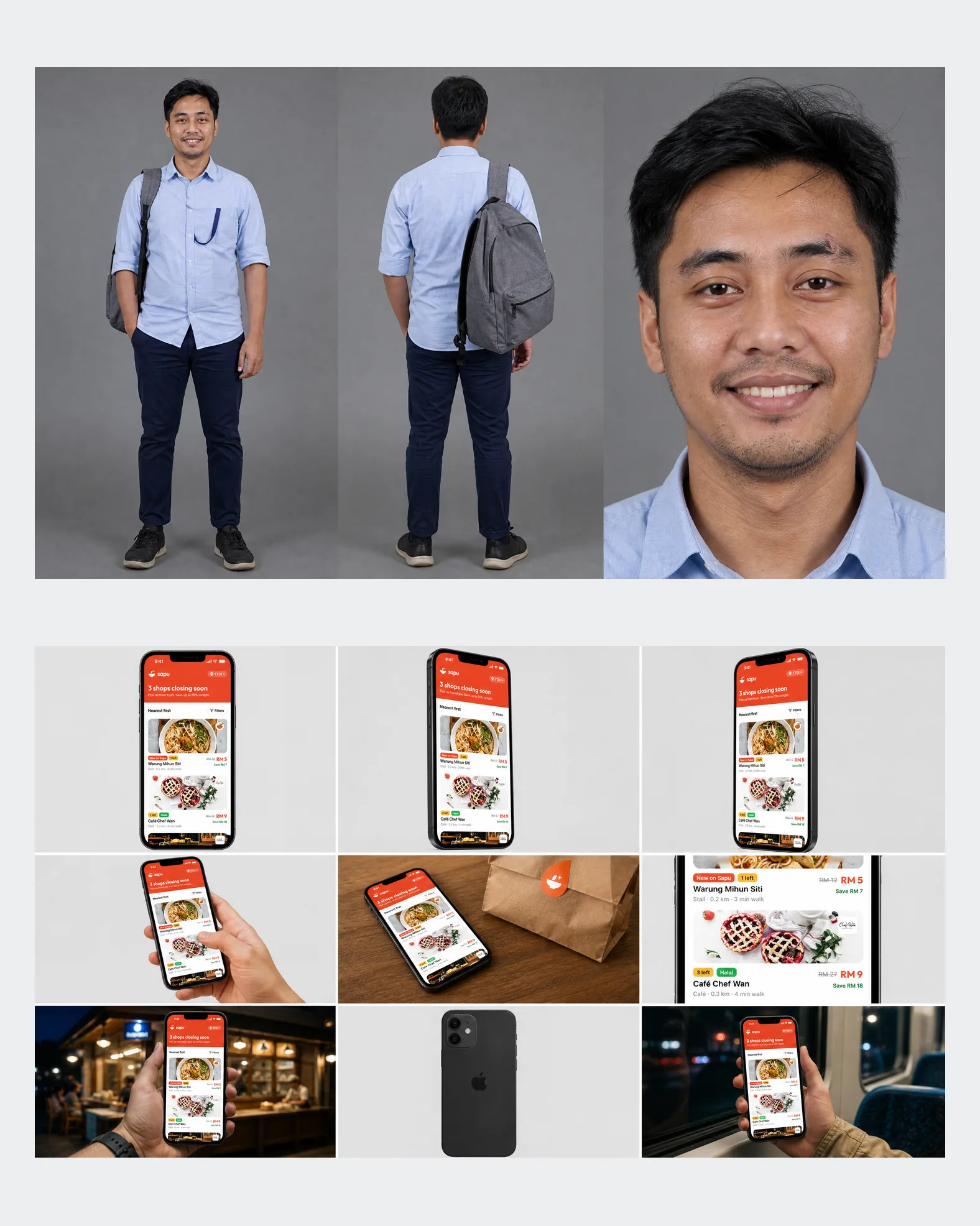 Two AI reference sheets: a made-up office worker from the front, back and close up, and a phone showing a food-rescue app from nine angles