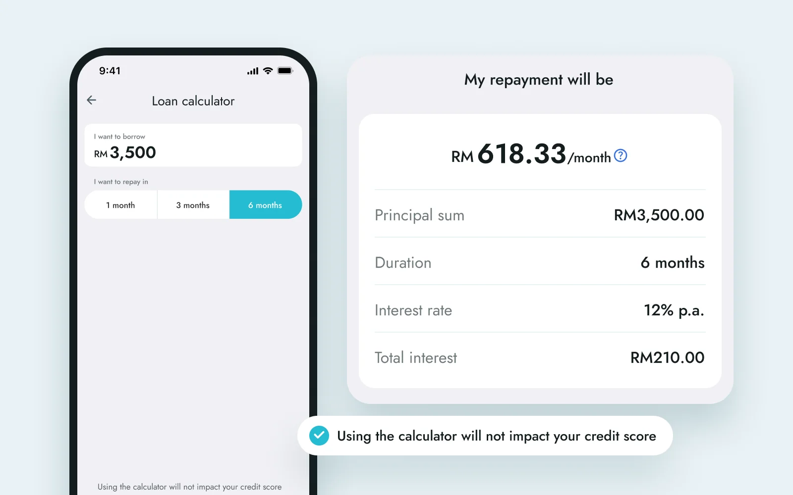 Loan calculator with 3,500 over 6 months, next to the loan offer showing the monthly repayment