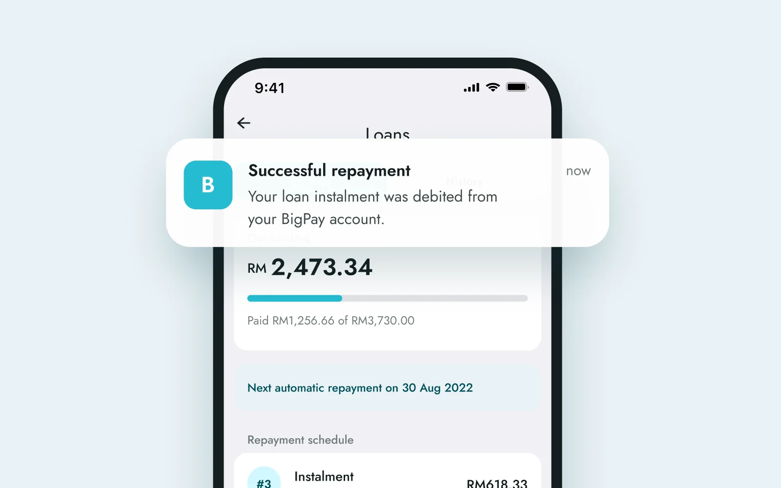 Loan dashboard with the outstanding balance and repayment schedule, and a successful repayment notification