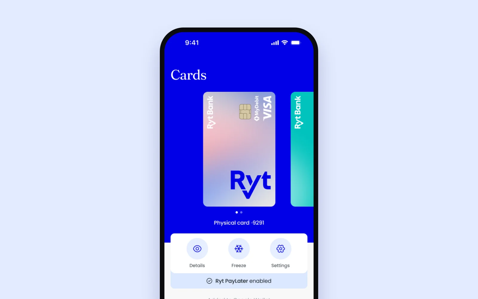 Ryt card screen with freeze, settings and transactions