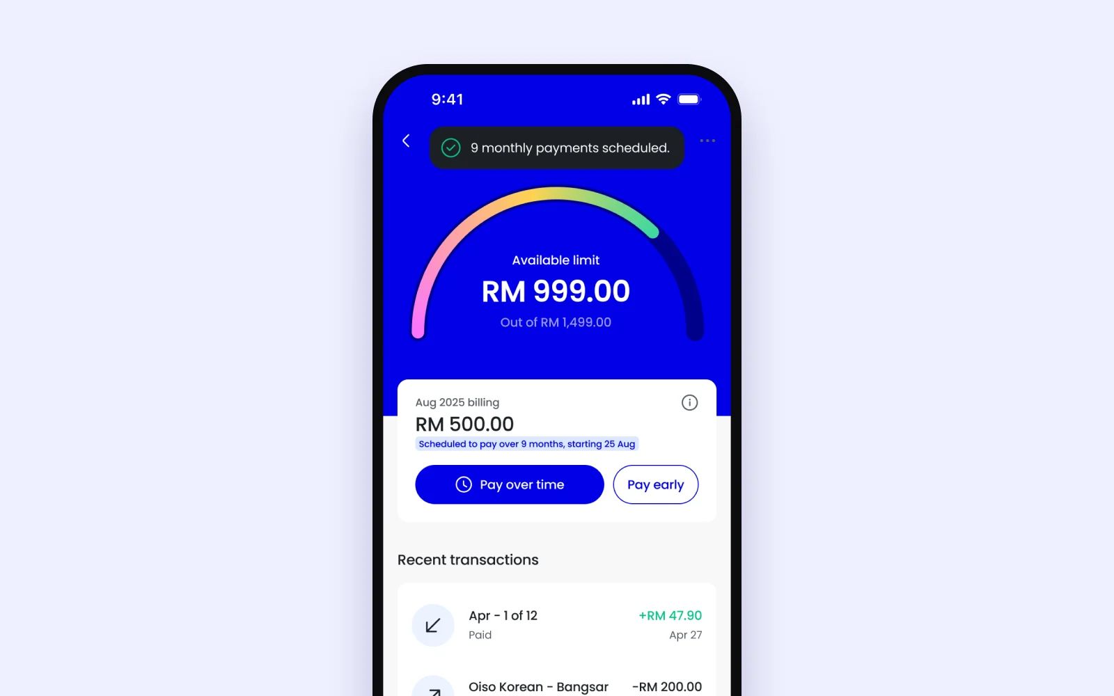 Ryt Credit dashboard with the limit gauge, bill and plan