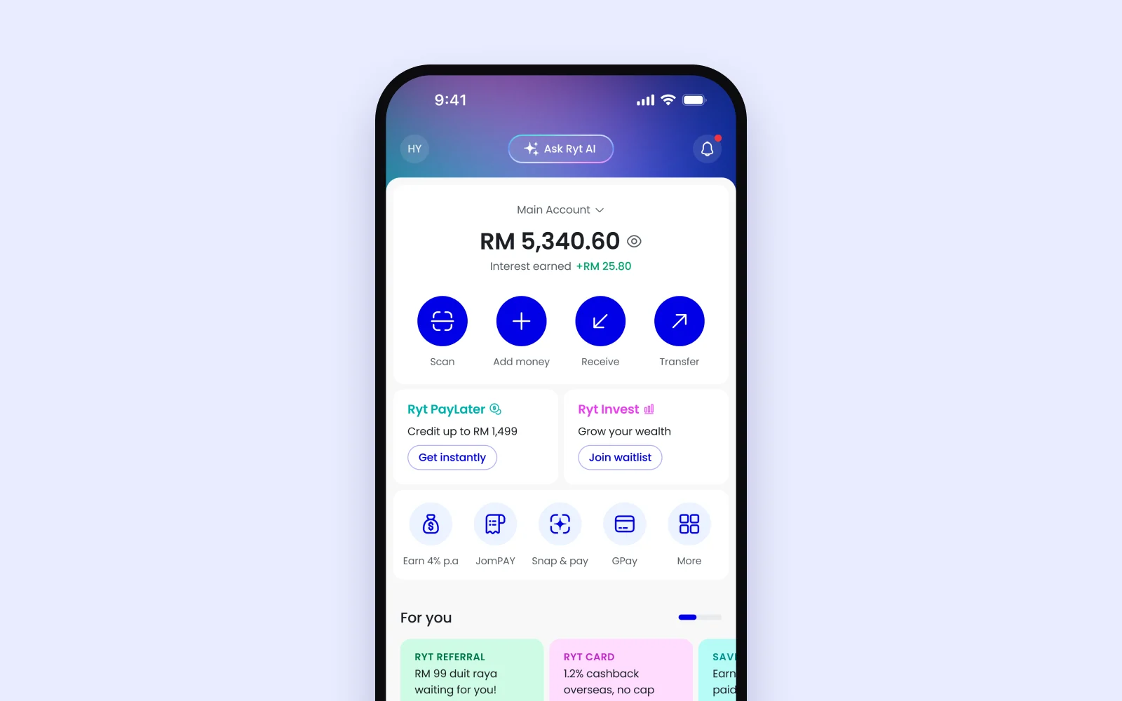 Ryt home screen showing the approved credit limit