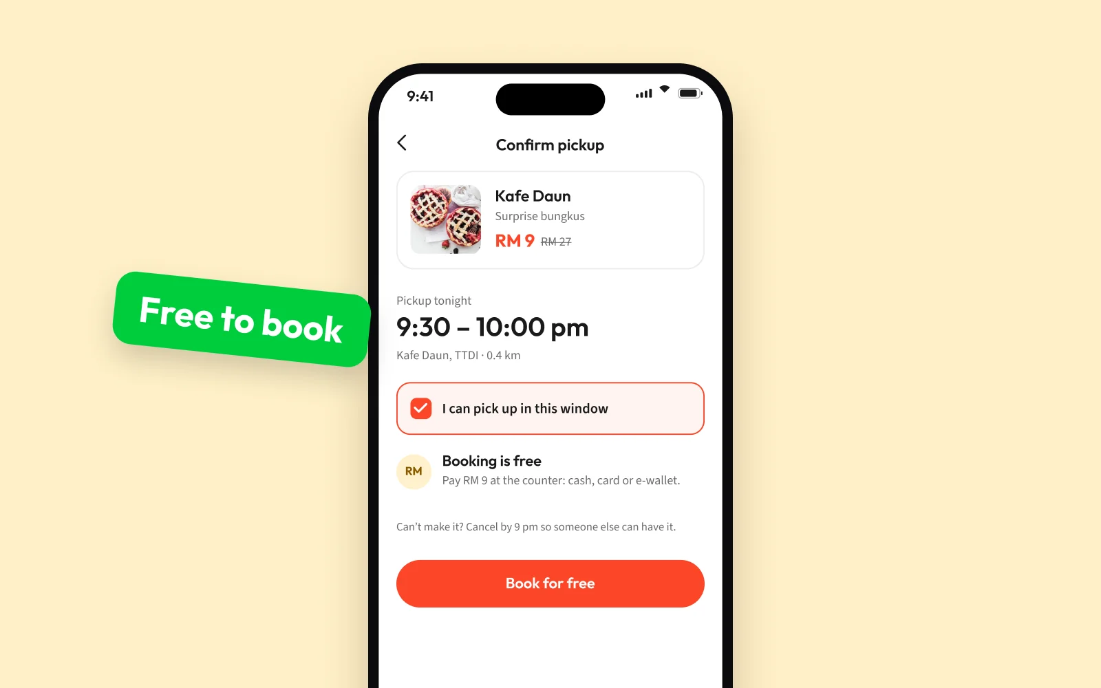 Sapu booking screen with the pickup window