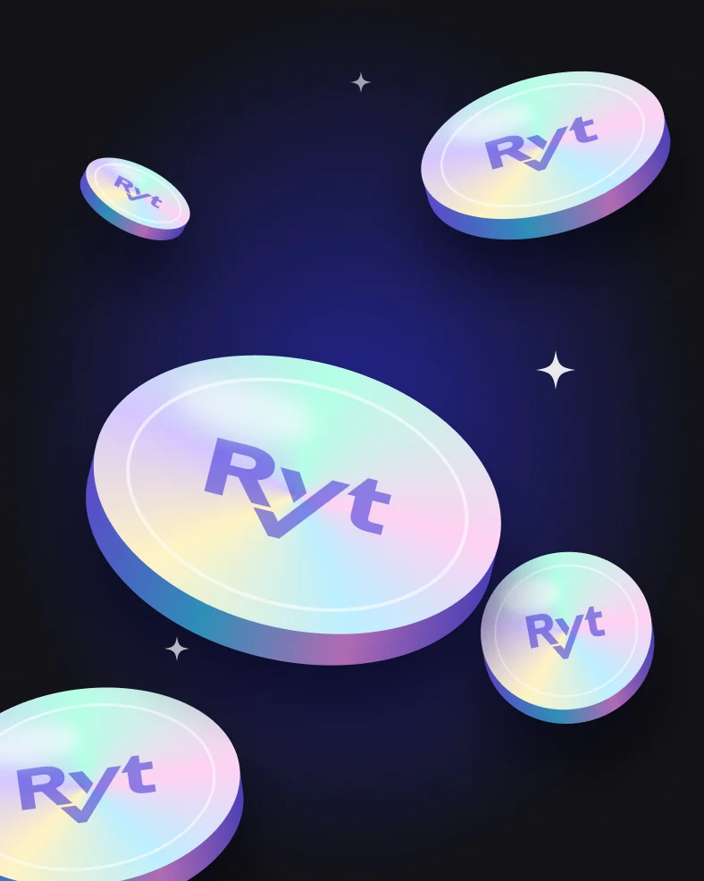 3D render of iridescent Ryt coins on black