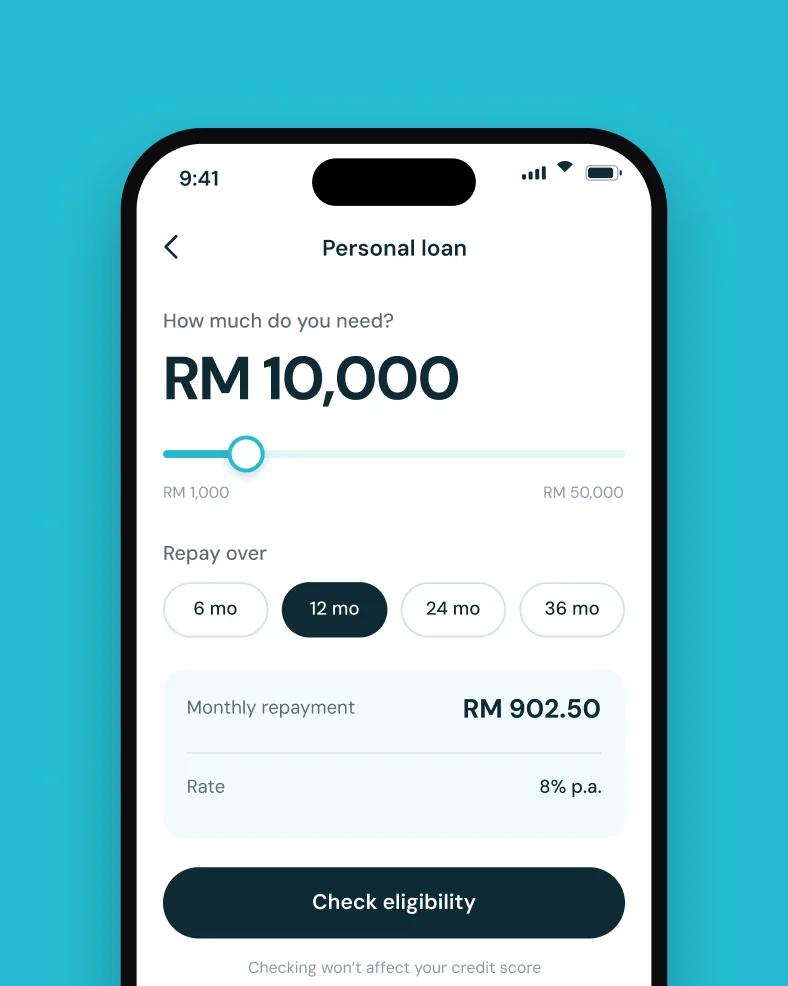 BigPay personal loan screen with the amount slider and repayment terms