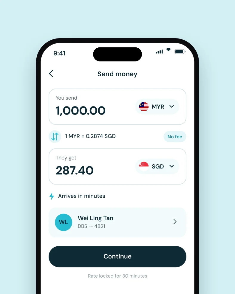 BigPay send money screen converting MYR to SGD