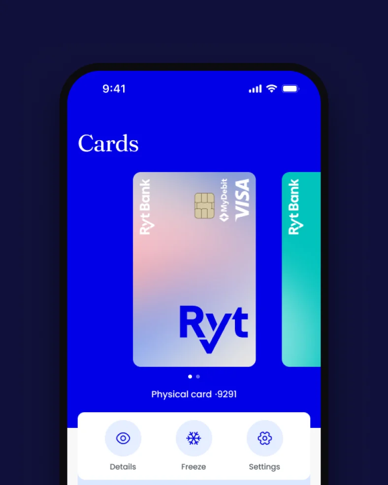 Ryt Cards screen with the physical card and card controls